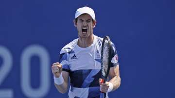 Andy Murray, of Britain, reacts after winning the first set during his doubles match in the quarterfinals of the tennis competition at the 2020 Summer Olympics, Wednesday, July 28
