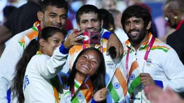 Members of the Indian contingent at the Tokyo Olympics closing ceremony