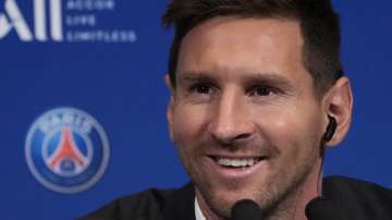 Lionel Messi attends a press conference Wednesday, Aug. 11, 2021 at the Parc des Princes stadium in Paris