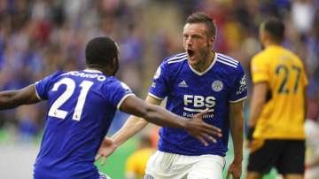 Leicester City's Jamie Vardy celebrates scoring their side's first goal of the game