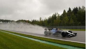 Williams driver George Russell of Britain steers his car during qualification ahead of the Formula One Grand Prix at the Spa-Francorchamps racetrack in Spa, Belgium, Saturday, Aug. 28