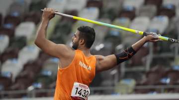 New world record holder Sumit Sumit of India competes in the men's javelin throw F64 final during the Tokyo 2020 Paralympics Games at the National Stadium in Tokyo, Japan, Monday, Aug. 30