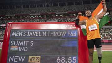 India's Sumit Antil sets a World Record of 68.55 meters and wins the gold medal during the Men's Javelin Throw F44 in the Athletics during the Tokyo 2020 Paralympic Games in Tokyo, Monday, Aug. 30