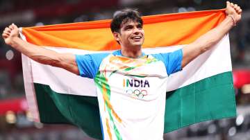 Neeraj Chopra of Team India celebrates winning the gold medal in the Men's Javelin Throw Final on day fifteen of the Tokyo 2020 Olympic Games at Olympic Stadium on August 07, 2021 in Tokyo