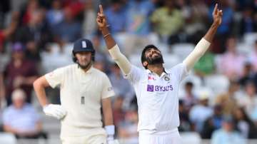 India bowler Jasprit Bumrah celebrates after bowling Stuart Broad for 0 during day four of the First Test Match between England nd India at Trent Bridge on August 07