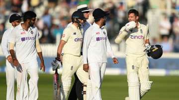 Jimmy Anderson of England (R) has words with Jasprit Bumrah of India (L) at the end of the Second LV= Insurance Test Match: Day Three between England and India at Lord's Cricket Ground on August 14