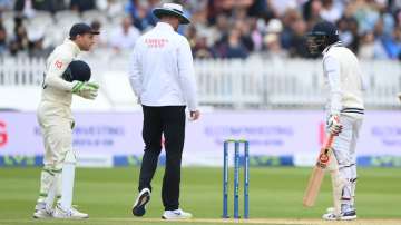 India batsman Jasprit Bumrah has words with England wicketkeeper Jos Buttler during day five of the second Test Match between England and India at Lord's Cricket Ground on August 16