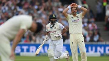 Mohammed Shami of India takes another single as Jimmy Anderson of England reacts during the Second LV= Insurance Test Match: Day Five between England and India at Lord's Cricket Ground on August 16