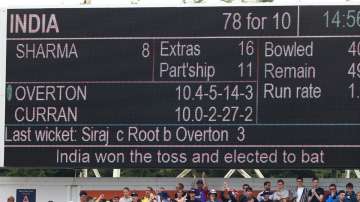 The scoreboard following India's first innings during day one of the Third Test Match between England and India at Emerald Headingley Stadium on August 25, 2021 in Leeds