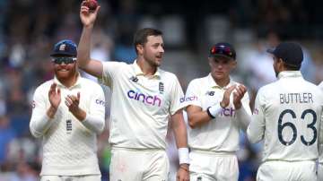 England bowler Ollie Robinson holds aloft the ball after taking his 5th wicket of the innings, Ishant Sharma during day four of the Third Test Match between England and India at Emerald Headingley Stadium on August 28