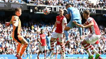 Ferran Torres of Manchester City scores their sides fifth goal past Bernd Leno of Arsenal