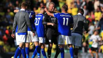 Kasper Schmeichel and Marc Albrighton of Leicester City