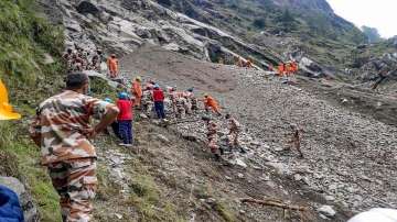 Kinnaur: NDRF and ITBP officials carry out rescue work following a massive landslide at Nigulsari Reckong-Peo -Shimla National Highway in Kinnaur district, Thursday, Aug 12, 2021. 