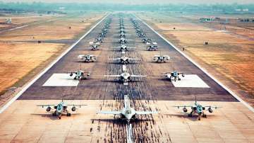 IAF commemorated 'Azadi Ka Amrit Mahotsav' with a 75 aircraft Elephant Walk. Rafale and Jaguar fighter jets participate.