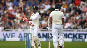 India batsmen Ravindra Jadeja reaches 50 runs during day three of the First Test Match between England and India at Trent Bridge on August 06, 2021 in Nottingham, England