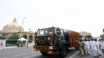 An army vehicle carrying body of senior BJP leader and former Governor Kalyan Singh passing through Vidhan Bhawan in Lucknow.