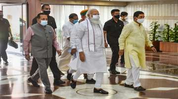 Prime Minister Narendra Modi with Union Ministers arrive to attend the BJP Parliamentary Party meeting.