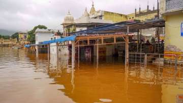 A waterlogged area following heavy monsoon rain in Pushkar on Monday.