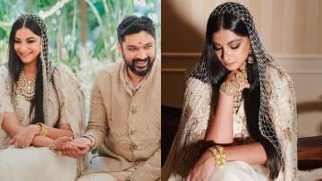 rhea kapoor wedding day look Anamika Khanna off-white chanderi sari with pearl veil