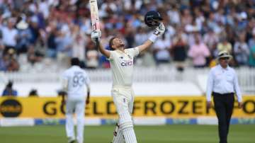 Joe Root of England celebrates reaching his century during the Second LV= Insurance Test Match: Day Three between England and India at Lord's Cricket Ground on August 14