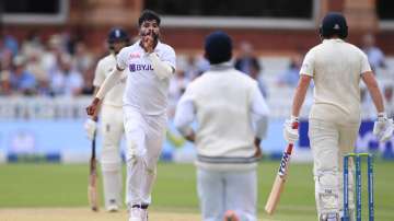 India bowler Mohammed Siraj celebrates after taking the wicket of England batsman Jonny Bairstow during day three of the Second Test Match between England and India at Lord's Cricket Ground on August 14