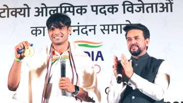 Sports Minister Anurag Thakur with Neeraj Chopra