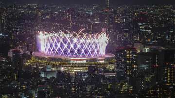 Fireworks illuminate over National Stadium viewed from Shibuya Sky observation deck during the closing ceremony for the 2020 Paralympics in Tokyo, Sunday, Sept. 5