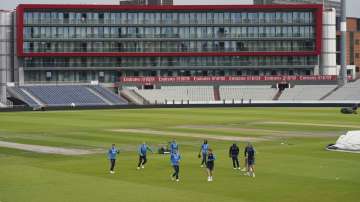 England players during a nets session before the 5th Test cricket match between England and India at Old Trafford cricket ground in Manchester, England, Thursday, Sept. 9