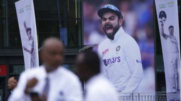 Banners featuring pictures of India's captain Virat Kohli and England captain Joe Root are displayed