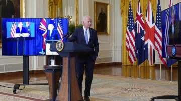 Joe Biden with Australian PM Scott Morrison and British PM Boris Johnson during the unveiling of AUKUS.