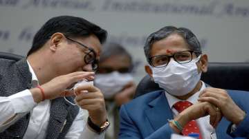 Chief Justice of India NV Ramana with Union Law Minister Kiren Rijiju (L) during felicitation function in New Delhi, Saturday, September 4, 2021. 