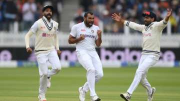 Mohammed Shami celebrates after taking the wicket of England's Dom Sibley during second Test