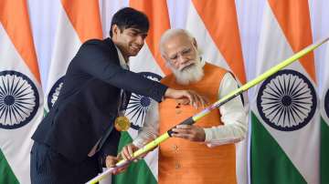 PM Narendra Modi with the Olympic Gold Medalist Neeraj Chopra in Delhi.