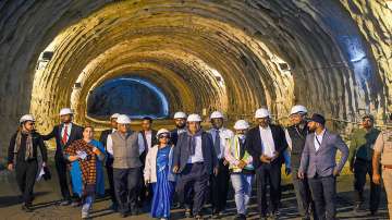 Union Minister for Road Transport and Highways Nitin Gadkari reviews and inspects the work on Zojila and Z Ð Morh tunnels, in Baltal, Tuesday, Sept. 28.