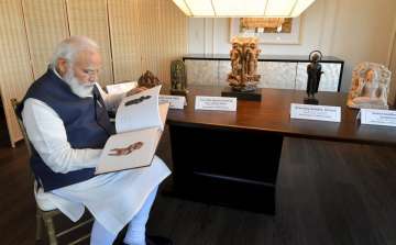New York: Prime Minister Narendra Modi looks on at artefacts handed over to India by US which include cultural antiquities, figurines related to Hinduism, Buddhism, Jainism