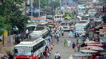 Punjab Roadways and PRTC employees at bus stand in Amritsar.