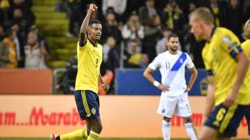 Swedens' Alexander Isak celebrates scoring during the World Cup Group B qualifying soccer match betw