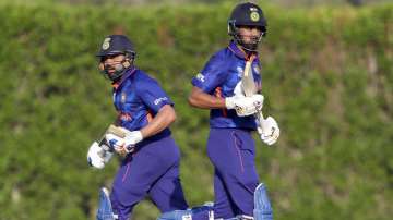 Rohit Sharma (left) and KL Rahul run between the wicket during the India vs Australia warm-up match 