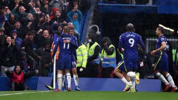 Timo Werner celebrates with Mason Mount of Chelsea after scoring their team's second goal during the Premier League match between Chelsea and Southampton at Stamford Bridge on October 02