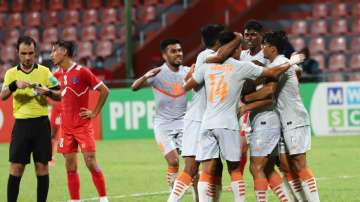 Indian players celebrate after Sunil Chhetri scored the winner against Nepal in Male on Sunday night