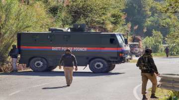 Poonch: Security personnel stand guard at the encounter site in Bhatadurian area of Mendhar in Poonch district