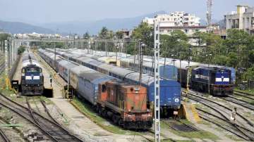 Trains parked at the Gauhati Railway Station in Guwahati.