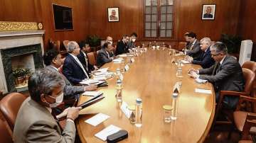 NSA Ajit Doval with his Uzbekistan counterpart Victor Makhmudov and other dignitaries during their meeting, in New Delhi.