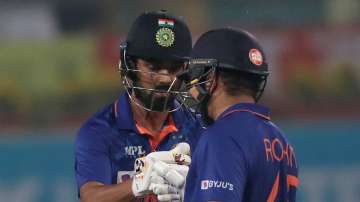 India's cricket captain Rohit Sharma, right, and KL Rahul encourage each other during the second T20 cricket match between India and New Zealand, in Ranchi, India, Friday, Nov. 19, 2021.