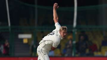 New Zealand's Kyle Jamieson bowls during the Day 1 of the 1st Test against India in Kanpur.
