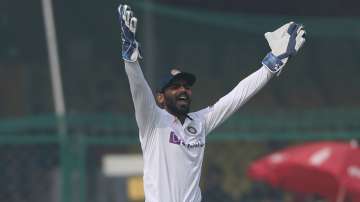 Srikar Bharat appeals to the umpire during New Zealand's first innings in the ongoing first Test in 