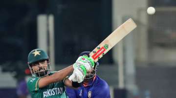 Babar Azam plays a shot during Pakistan's T20 World Cup match against India. 
