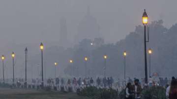 People at India Gate lawns, amid hazy weather conditions, in New Delhi. 