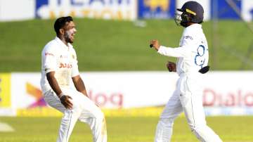Sri Lanka spinners Lasith Embuldeniya celebrating the wicket of West Indies batsman on the fourth da