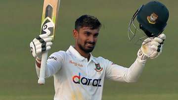 Liton Das celebrating his maiden Test ton.